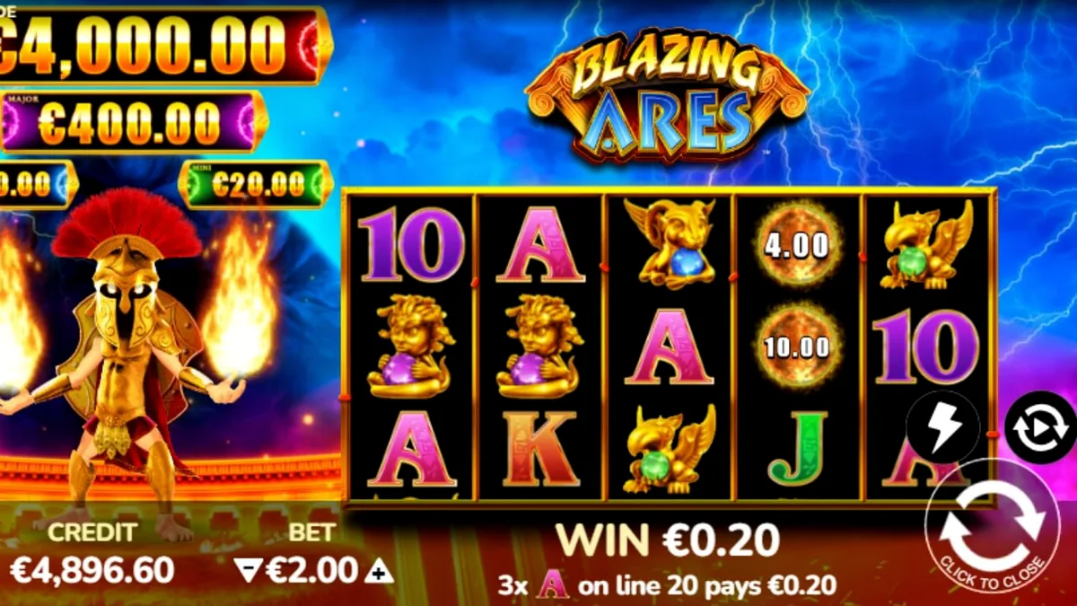 Tampilan antarmuka slot Blazing Ares di perangkat seluler dengan tema dewa perang.