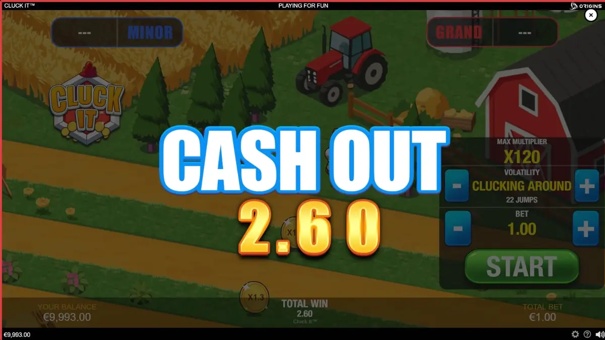 Tampilan antarmuka seluler game Cluck It dengan latar belakang peternakan yang cerah
